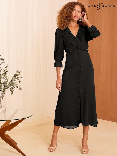 Love & Roses Black Pleated Ruffle Midi Dress (E23797) | €44
