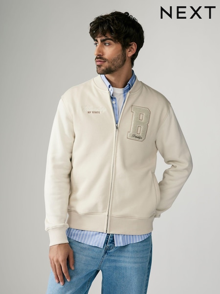 Ecru Zip Through Brooklyn Graphic Jersey Bomber (E23805) | AED92