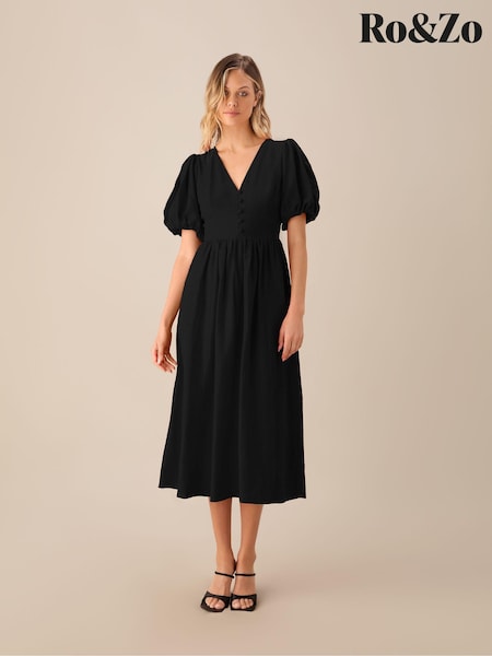 Ro&Zo Black Linen Blend Puff Sleeve V-Neck Midi Dress (E23865) | €74