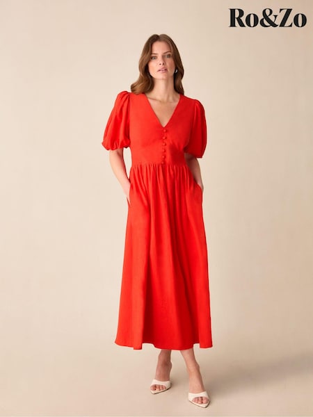 Ro&Zo Red Petite Petite Linen Blend Puff Sleeve V-Neck Midi Dress (E23871) | €79