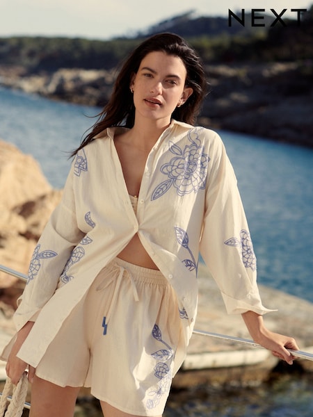 Cream/Blue Embroidered Co-ord 100% Cotton Shirt (E23873) | €28