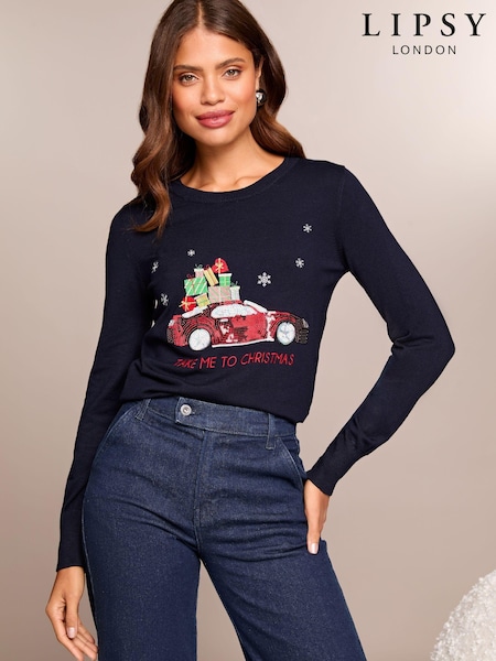 Lipsy Navy Blue Car Christmas Slogan Crew Neck Knitted Jumper (E23876) | €23