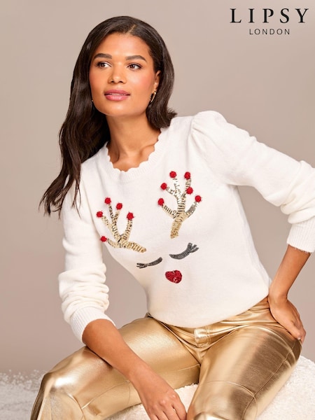 Lipsy Reindeer Petite Christmas Slogan Crew Neck Knitted Jumper (E23877) | €26