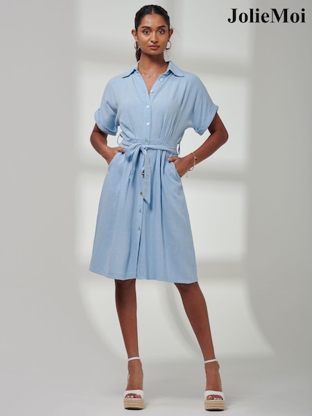 Jolie Moi Blue Olivea Linen Drop Shoulder Shirt Dress (E23899) | €86