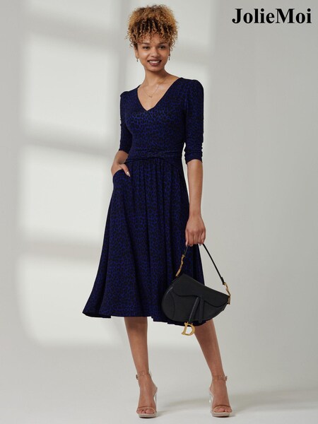 Jolie Moi Blue V-Neck Fit & Flare Jersey Midi Dress (E23902) | €37
