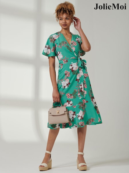 Jolie Moi Green Angel Sleeve Front Wrap Midi Dress (E23903) | €31