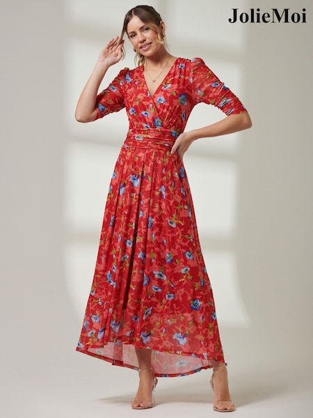 Jolie Moi Red V-Neck Short Sleeve Mesh Maxi Dress (E23904) | 148 QAR