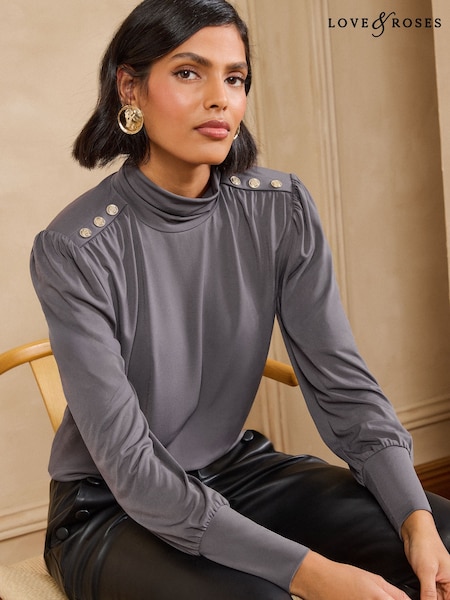 Grey - Love & Roses High Neck Shoulder Pad Long Sleeve Top