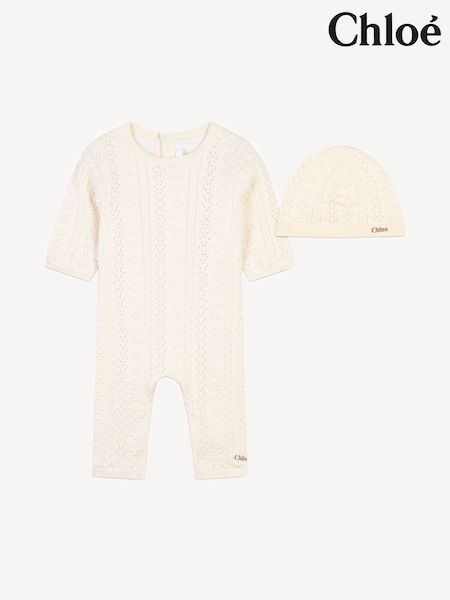 Chloé Baby Cream Textured Knitted All-In-One and Hat Set (E24015) | AED1,339