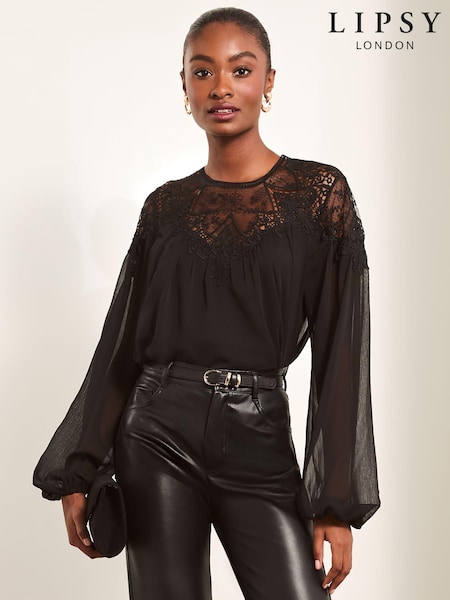 Lipsy Black Sheer Yoke Lace Blouse (E24068) | € 29