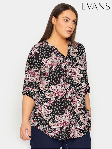 Evans Paisley Print Half Placket Black Shirt (E24091) | 56 €