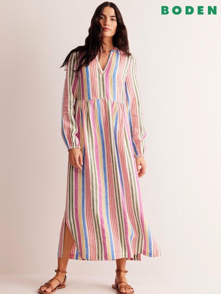 Boden Pink Petite 100% Linen Stripe Maxi Notch Neck Dress (E24113) | €111