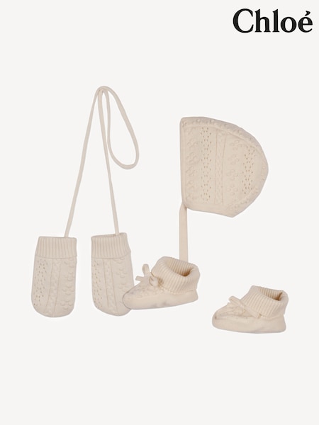 Chloé Baby Cream Giftset with Textured Knitted Hat, Mittens & Booties (E24118) | AED1,106