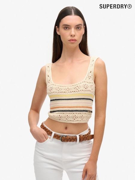 Superdry Lace Up Crochet Cropped 100% Cotton Vest Top (E24157) | ‏151‏₪