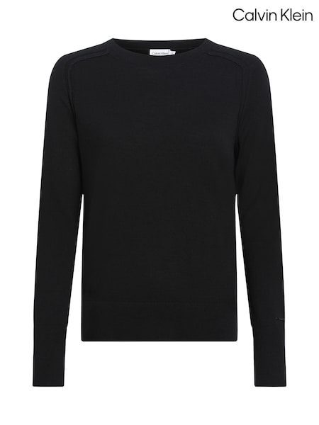 שחור - Calvin Klein Merino Wool Crew Neck Sweater (E24209) | ‏603‏₪