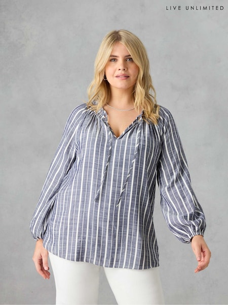 Live Unlimited Blue Curve Denim Stripe Shirred Boho Blouse (E24269) | €45