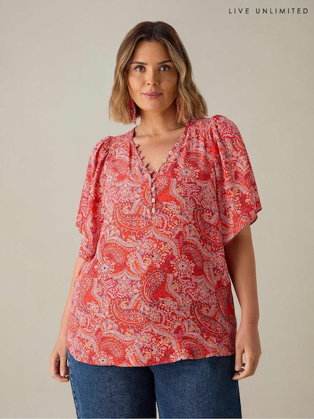 Live Unlimited Red Curve Paisley Print Shirred Shoulder Blouse (E24282) | €37