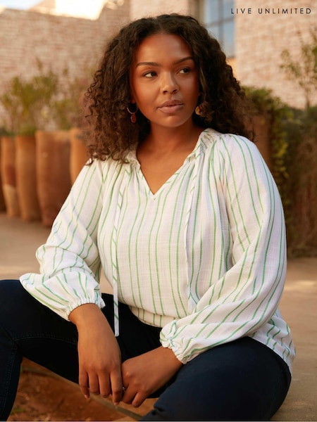 Live Unlimited Green Curve Stripe Shirred Neck Blouse (E24298) | €27