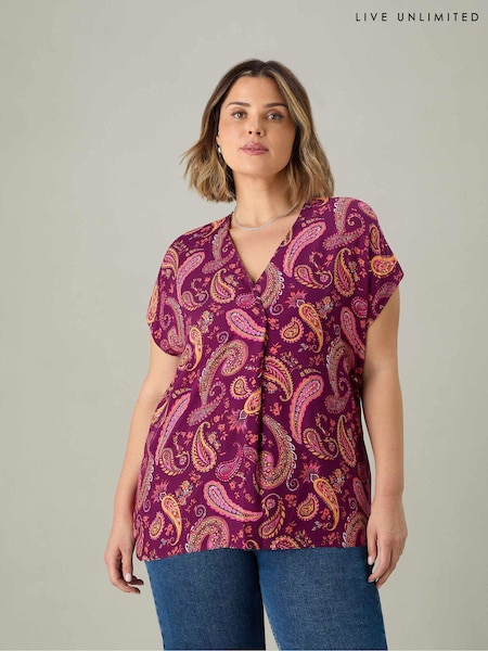 Live Unlimited Plum Purple Curve Paisley Pleat Front Top (E24304) | €27