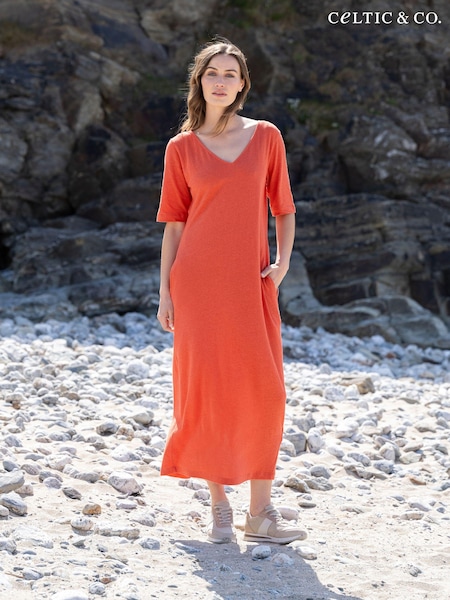 Celtic & Co. Orange Linen Cotton V-Neck Midi Dress (E24328) | €59