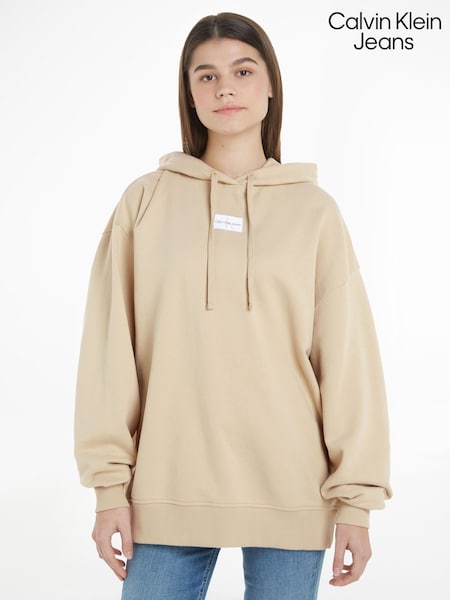 Calvin Klein Jeans Oversized Green Woven Label 100% Cotton Hoodie (E24350) | €63