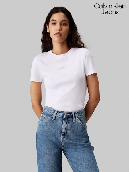 Weiß - Calvin Klein Jeans Geripptes T-Shirt mit gewebtem Label (E24444) | 30 €