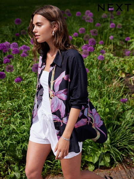 Navy/Pink Floral Placement Print Kew Collection Long Sleeve Longline Shirt (E24467) | €27