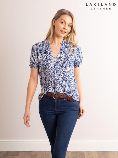 Lakeland Leather Blue Clothing Beth Animal Print V-Neck Short Sleeve Blouse (E24491) | €27