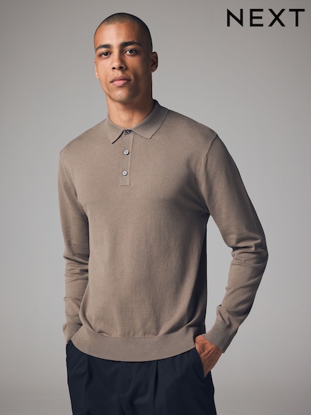 Brown Mocha Regular Fit Knitted Long Sleeve Polo Shirt (E24945) | 74 QAR