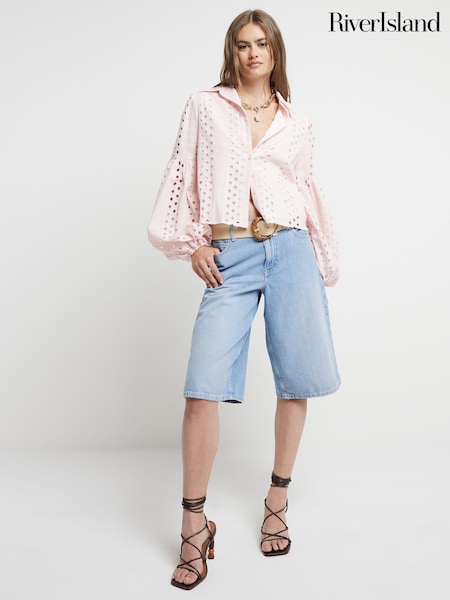 River Island Pink Light Broderie Puff Sleeve Shirt (E24970) | ₪231