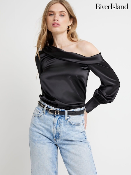 River Island Black Satin Off Shoulder Top (E25017) | ₪191