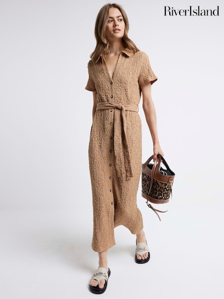 River Island Brown Short Sleeve Textured Midi Shirt Dress (E25018) | €30