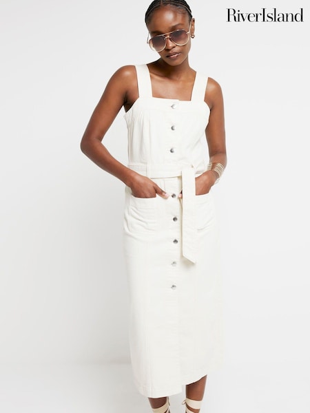 River Island Cream Denim Belted Bodycon Midi Dress (E25020) | €31
