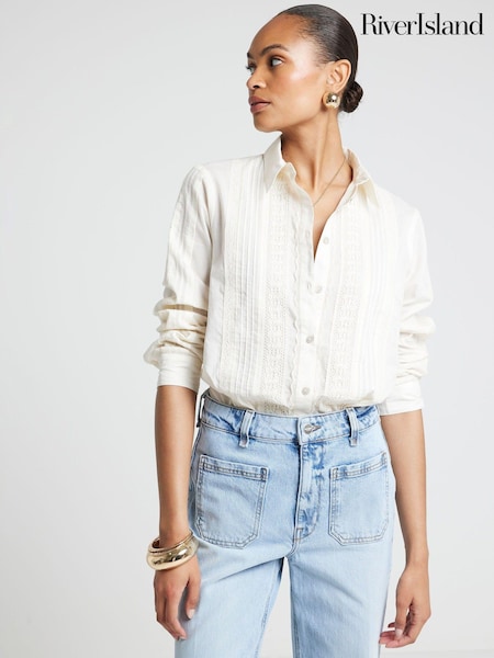 River Island Long Sleeve Lace Panel 100% Cotton Shirt (E25048) | 146 LEI