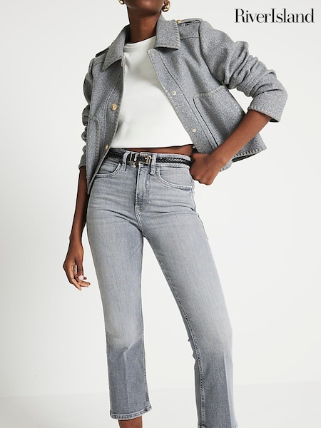 River Island Grey High Rise Cropped Flare Jeans (E25087) | €25