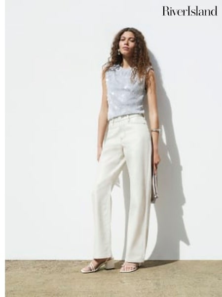River Island Silver Mid Rise Relaxed Straight 100% Cotton Jeans (E25089) | €36