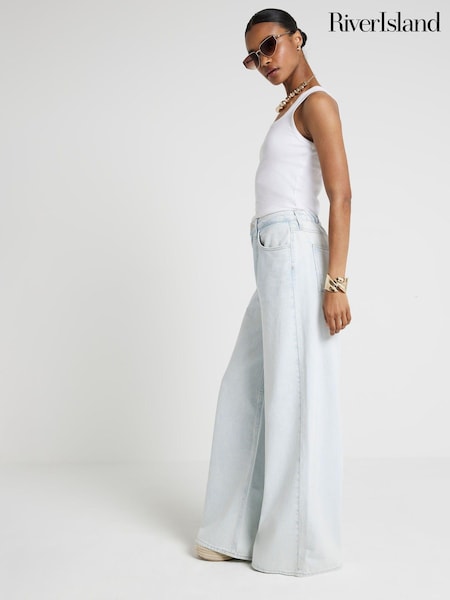 River Island Blue Mid Rise Elasticated Back Extreme Wide Fit Jeans (E25090) | €48