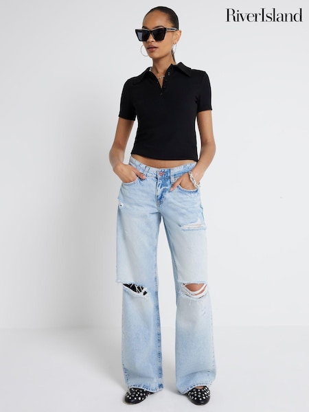 River Island Blue Light Low Rise Baggy Wide Leg Kyle Jeans (E25102) | €35