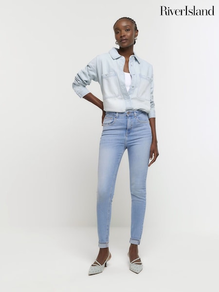 River Island Light Blue Mid Rise Bum Sculpt Skinny Jeans (E25104) | $82