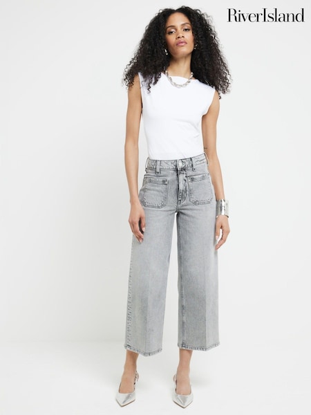 River Island High Rise Pocket Front Wide Crop Jeans (E25107) | €38