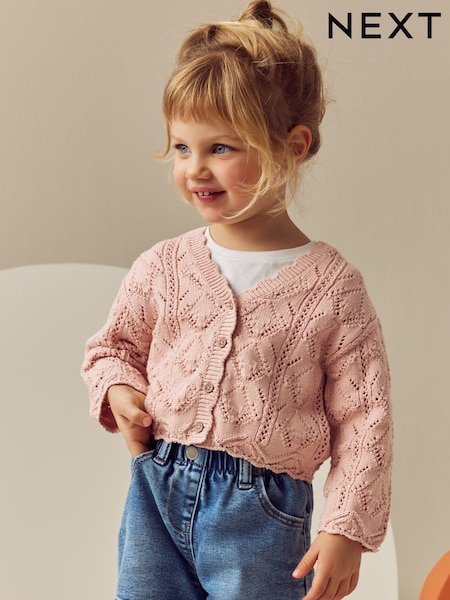 Pink 100% Cotton V-Neck Knitted Cardigan (3mths-7yrs) (E25149) | €20 - €25