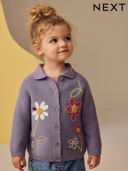 Blau - 100% Cotton Crochet Collar Embroidered Cardigan (3mths-7yrs) (E25151) | 21 € - 25 €