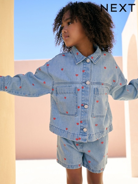 دنيم - Heart Emb 100% Cotton Shacket and Shorts Set (3-16yrs) (E25213) | ‏127 د.إ.‏ - ‏ 178‏ د.إ.