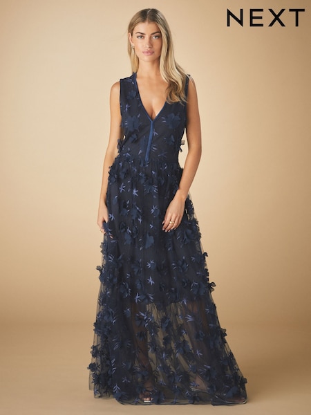 Blue Navy 3D Floral Print Textured V-Neck Maxi Dress (E25220) | €71
