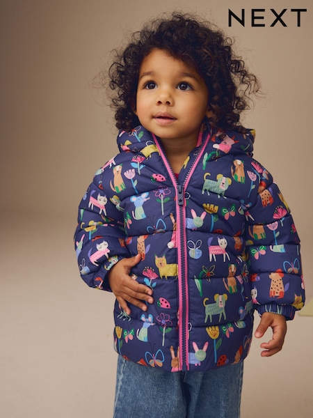 Navy Blue Shower Resistant Fleece Lined Hooded Padded Coat (3mths-7yrs) (E25318) | AED102 - AED122