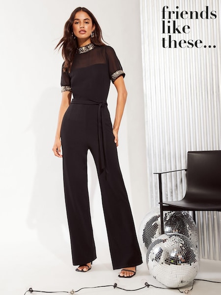 Friends Like These Black High Neck Short Sleeve Sequin Trim Jumpsuit (E25325) | €25