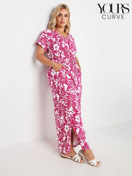 Yours Curve Pink Two Tone Summer Swirl Side Split Drawcord 100% Cotton Maxi Dress (E25656) | €39