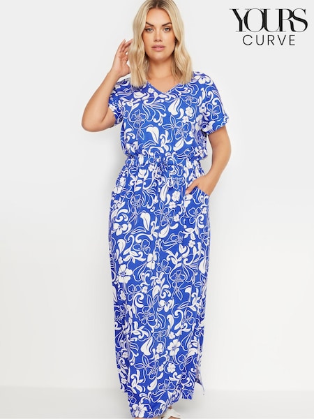 Yours Curve Blue Two Tone Summer Swirl Side Split Drawcord 100% Cotton Maxi Dress (E25662) | €39