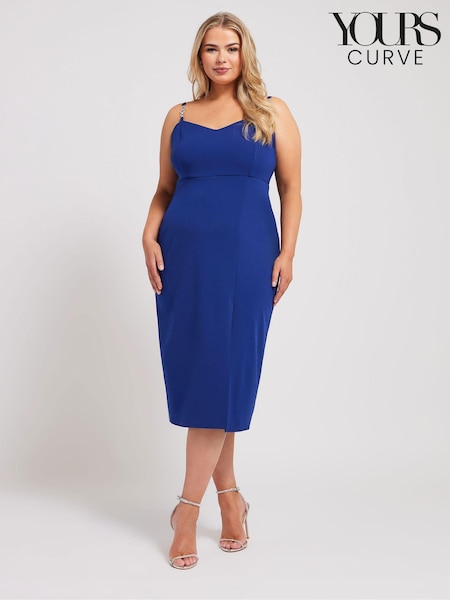 Yours Curve Blue Diamante Buckle Square Neck Shift Dress (E25672) | $82