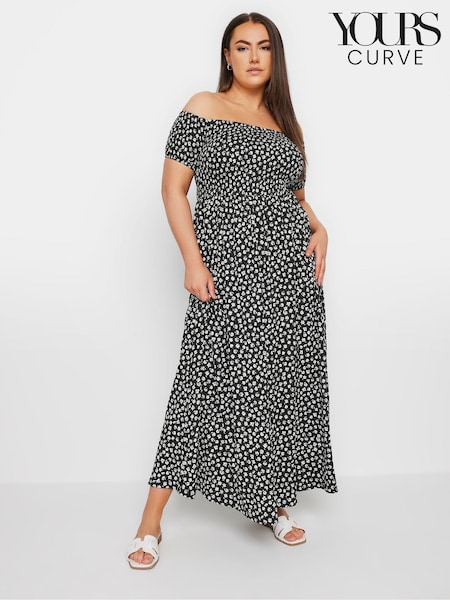 Negru - Yours Curve Floral Imprimeu Bardot Midaxi Rochie (E25682) | 276 LEI